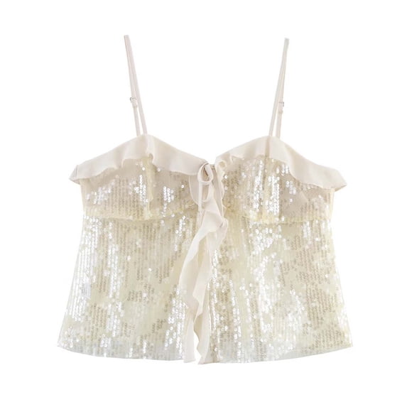 Womens Cropped Tank Tops Spaghetti Strap Ruffled Sequin Camisole Top for Women Backless Tie Front Summer Party Shirts