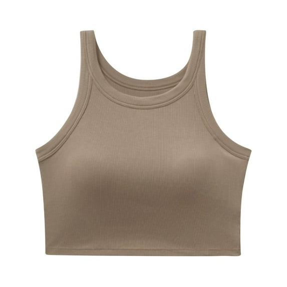 Womens Cropped Tank Tops with Built in Bra Racerback Workout Summer Scoop Neck Sleeveless Casual Yoga Crop Tees (Medium, Khaki)
