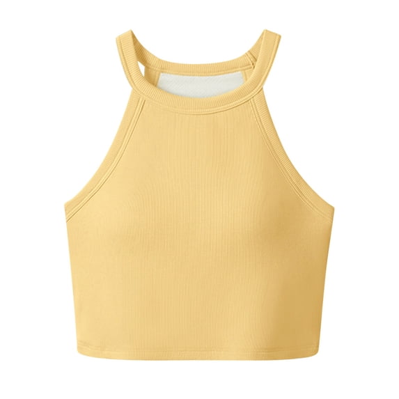 Womens Cropped Tank Tops with Built in Bra Racerback Workout Summer Scoop Neck Sleeveless Casual Yoga Crop Tees (X-Large, Yellow 01)