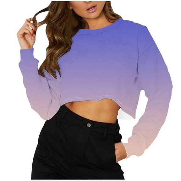 Womens Cropped Thin Sweaters, Crewneck Sweatshirts for Women Fall Fashion Loose Fit Ombre Tie Dye Long Sleeve Pullover S-2XL
