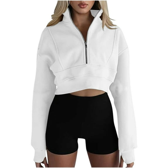 Womens Cropped Thin Sweaters, Zip Up Sweatshirt for Women Fall Fashion Loose Fit Solid Color Long Sleeve Pullover with Thumbholes S-2XL