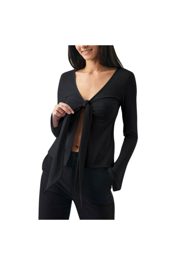 Womens Cropped Tops Fashion Bandage Front-Open V-Neck Long Sleeves Base Shirts Stretchy Comfy Slim Sexy Blouse Top Black Large