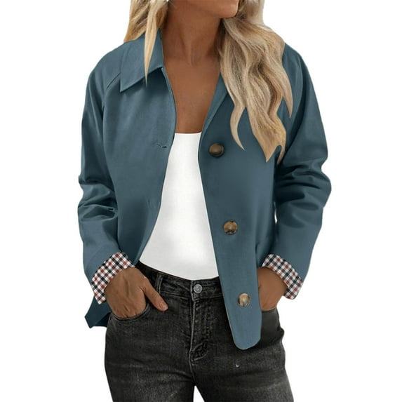 Womens Cropped Trench Coat Classic Collar Oversized Jackets Lightweight Single Breasted Windbreaker Fall Outerwear with Checkered Lining