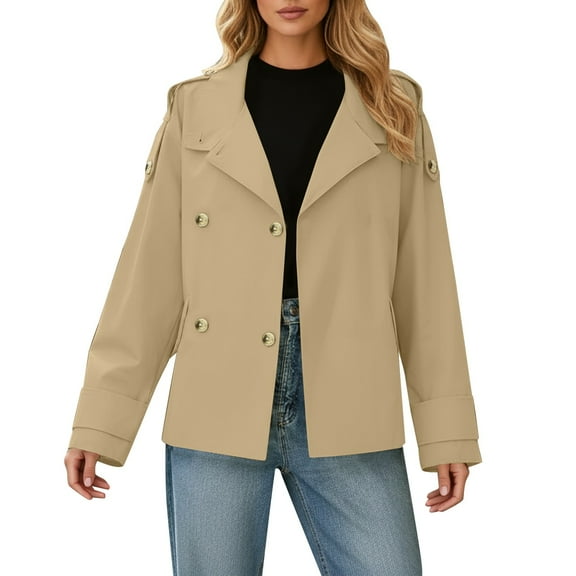 Womens Cropped Trench Coat Double Breasted Button Long Sleeve Jackets with Pockets Business Casual Work Office Blazer Coat