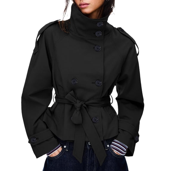 Womens Cropped Trench Coat Double Breasted Fall Belt Short Jacket High Collar Lightweight Outerwear
