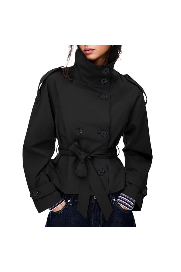 Womens Cropped Trench Coat Double Breasted Fall Belt Short Jacket High Collar Lightweight Outerwear