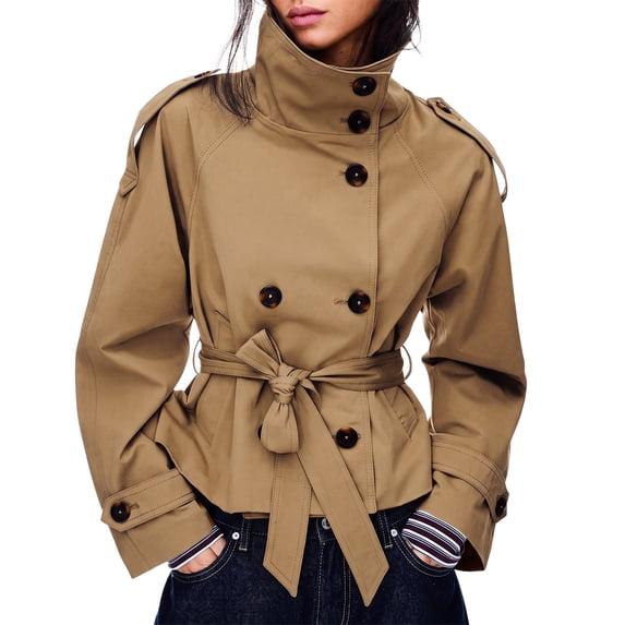 Womens Cropped Trench Coat Double Breasted Fall Belt Short Jacket High Collar Lightweight Outerwear
