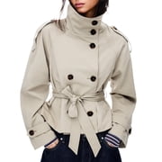 Womens Cropped Trench Coat Double Breasted Fall Belt Short Jacket High Collar Lightweight Outerwear