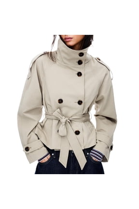 Womens Cropped Trench Coat Double Breasted Fall Belt Short Jacket High Collar Lightweight Outerwear