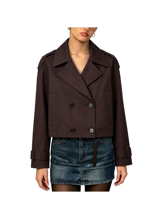 Womens Cropped Trench Coat Double Notched Lapel Jackets Money Work Casual Coats Loose Fall Winter Outwear Streetwear Outfits