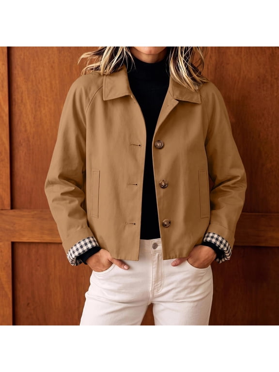 Womens Cropped Trench Coat Lapel Button Down Lightweight Short Casual Jacket With Plaid Lining, 2XL