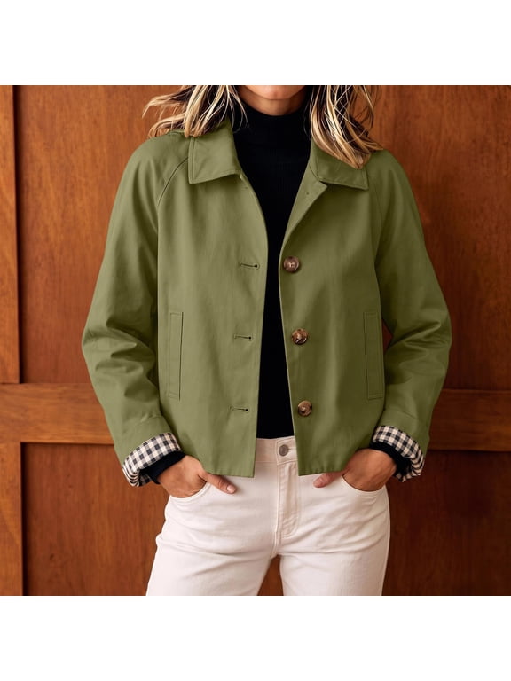 Womens Cropped Trench Coat Lapel Button Down Lightweight Short Casual Jacket With Plaid Lining, 2XL