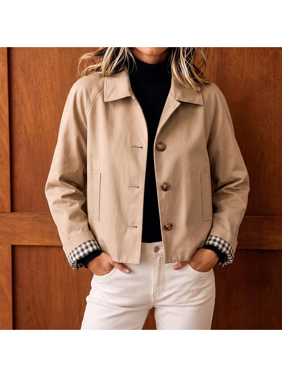 Womens Cropped Trench Coat Lapel Button Down Lightweight Short Casual Jacket With Plaid Lining, M