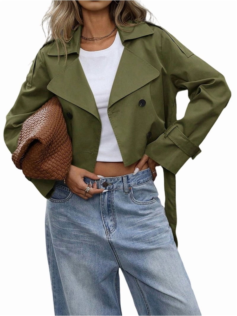 Womens Cropped Trench Coat Lapel Double Breasted Short Jacket