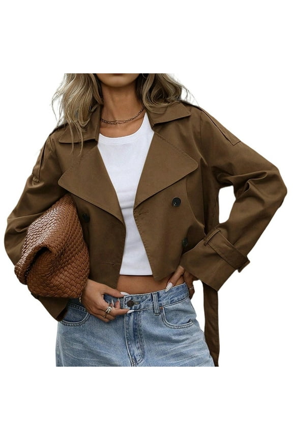 Womens Cropped Trench Coat Lapel Double Breasted Short Jacket Outwear Dark Brown M