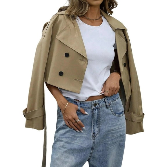 Womens Cropped Trench Coat Lapel Double Breasted Short Jacket Outwear Khaki L
