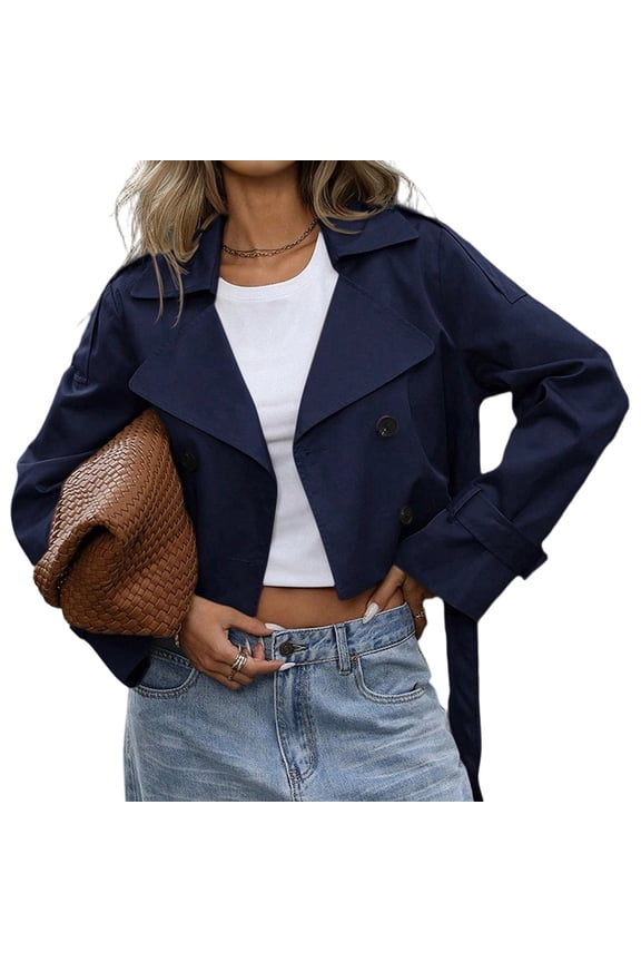 Womens Cropped Trench Coat Lapel Double Breasted Short Jacket Outwear Navy Blue L