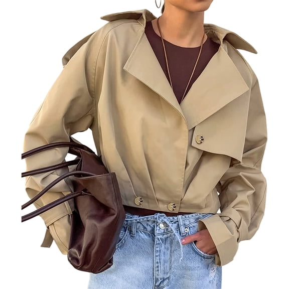 Womens Cropped Trench Coat Lapel Long Sleeve Button Down Crop Jacket Double Breasted Coat Khaki M