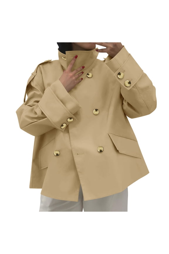 Womens Cropped Trench Coat lapel Stand Collar Double Breasted Dressy Blazer Jackets Office Work Fashion Peacoats (XL, Khaki 01)