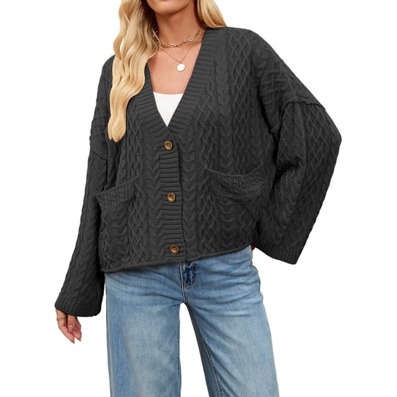 Womens Cropped Trendy Fall Long Sleeve Button Down Cardigan Loose Open Front Outerwear with Pockets Black M