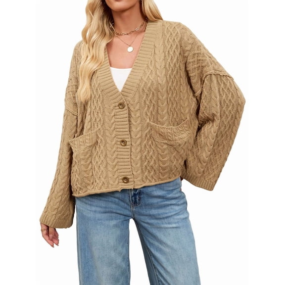 Womens Cropped Trendy Fall Long Sleeve Button Down Cardigan Loose Open Front Outerwear with Pockets Khaki S