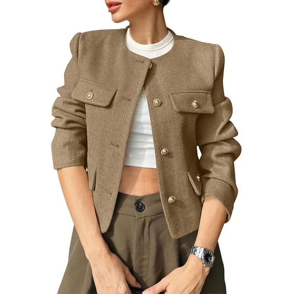 Womens Cropped Tweed Blazer Jackets Collarless Button Down Business Casual Outfits with Pockets