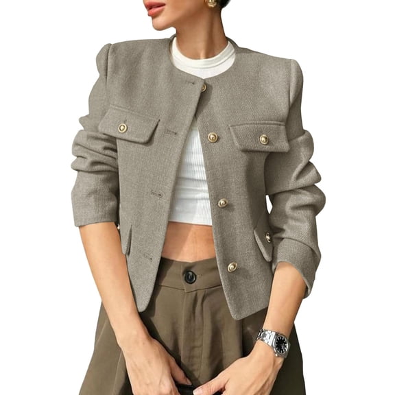 Womens Cropped Tweed Blazer Jackets Collarless Button Down Business Casual Outfits with Pockets