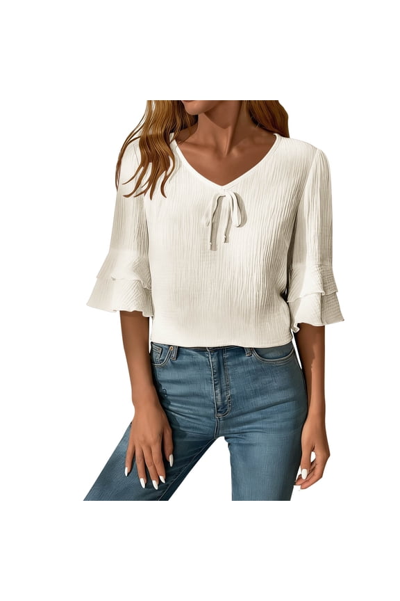 Womens Cropped V-Neck Top with Bell Sleeves - White Ruffle Cuff Casual Blouse in Soft 100% Cotton Shirt for Everyday,Size S