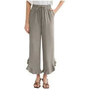 GTEUKTG Womens Cropped Wide Leg Pants Ruffle Flare Bell Bottom High Waisted Casual Business Capri Palazzo Pants with Pockets