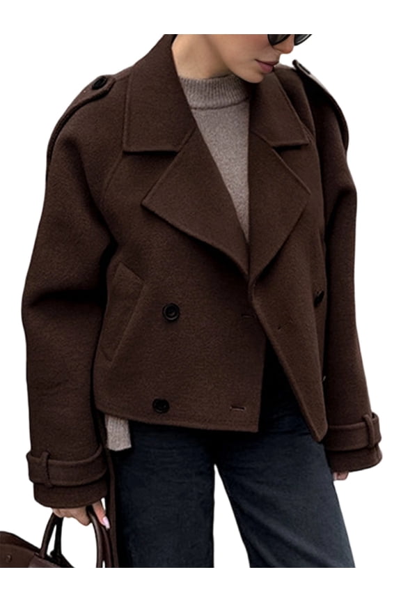 Womens Cropped Wool Coats Belted Double Breasted Pea Coat Short Jacket Notched Lapel Trench Coat with Pockets Brown L