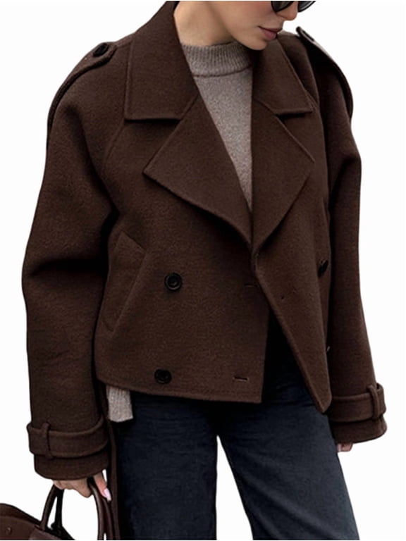 Womens Cropped Wool Coats Belted Double Breasted Pea Coat Short Jacket Notched Lapel Trench Coat with Pockets Brown L