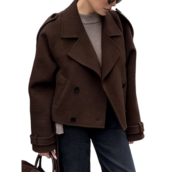 Womens Cropped Wool Coats Belted Double Breasted Pea Coat Short Jacket Notched Lapel Trench Coat with Pockets Brown S