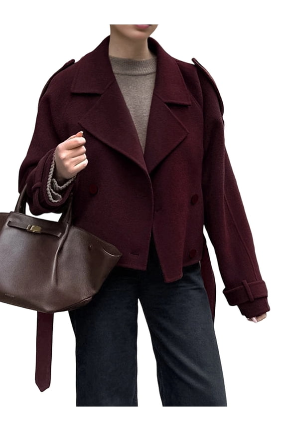 Womens Cropped Wool Coats Belted Double Breasted Pea Coat Short Jacket Notched Lapel Trench Coat with Pockets Wine Red M