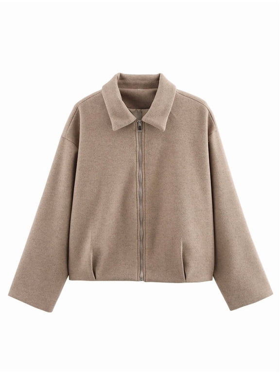 Womens Cropped Wool Jacket Warm Winter Fleece Bombers Jacket Zip Up Short Pea Coats with Pockets Khaki L
