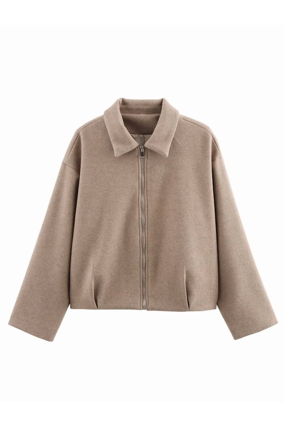 Womens Cropped Wool Jacket Warm Winter Fleece Bombers Jacket Zip Up Short Pea Coats with Pockets Khaki M