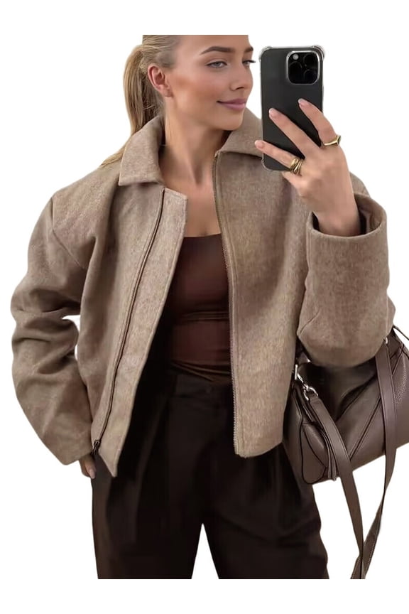 Womens Cropped Wool Jacket Warm Winter Fleece Jacket Zip Up Short Coats Light Brown S