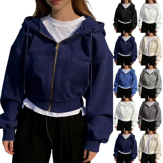 Womens Cropped Zip Up Hoodie Y2K Long Sleeve Sweatshirt Casual Loose Fit Jacket Navy L