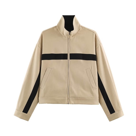 Womens Cropped Zip Up Jacket Lightweight Color Block Windbreaker Casual Y2K Stand Collar Coats (Khaki XL)