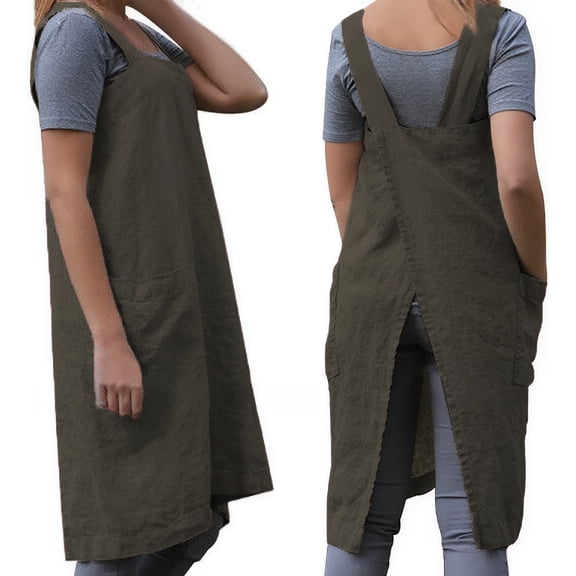 Womens Cross Back Pinafore Apron with Large Pockets No-Tie Bib Aprons for Kitchen Cooking Gardening Restaurant Coffee House Works, Army Green, L
