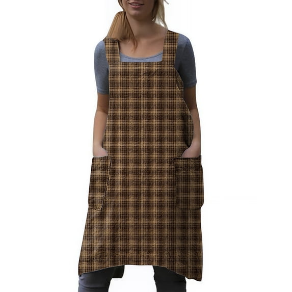 Womens Cross Back Pinafore Apron with Large Side Pockets No-Tie Aprons Bib for Kitchen Cooking Baking Gardening Works, Plaid Maillard Brown, 2XL