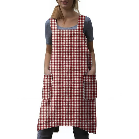 Womens Cross Back Pinafore Apron with Large Side Pockets No-Tie Aprons Bib for Kitchen Cooking Baking Gardening Works, Plaid Red, XL