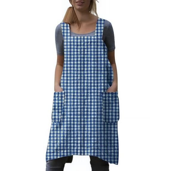 Womens Cross Back Pinafore Apron with Large Side Pockets No-Tie Aprons Bib for Kitchen Cooking Baking Gardening Works, Plaid Royal Blue, S