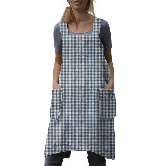 Womens Cross Back Pinafore Apron with Large Side Pockets No-Tie Aprons Bib for Kitchen Cooking Baking Gardening Works, Plaid Sky Blue, M