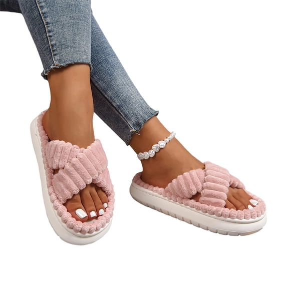 Womens Cross Band Fuzzy Slippers Open Toe Fluffy Plush Memory Foam Comfortable Thick Sole Slip Resistant Soft Fleece House Indoor Outdoor Bedroom Walking Cozy Ladies Winter,Pink 7