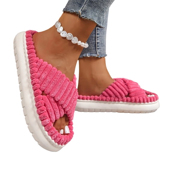 Womens Cross Band Fuzzy Slippers Open Toe Fluffy Plush Memory Foam Comfortable Thick Sole Slip Resistant Soft Fleece House Indoor Outdoor Bedroom Walking Cozy Ladies Winter,Hot Pink 9
