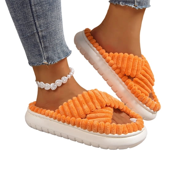 Womens Cross Band Fuzzy Slippers Open Toe Fluffy Plush Memory Foam Comfortable Thick Sole Slip Resistant Soft Fleece House Indoor Outdoor Bedroom Walking Cozy Ladies Winter,Orange 10
