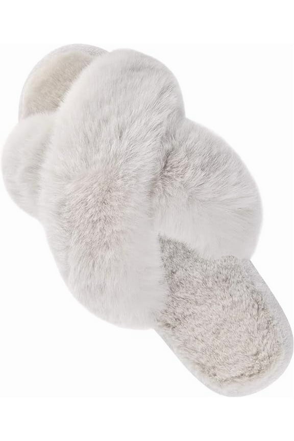 Women's Fuzzy Slippers Cross Band Open Toe Furry Spa Flat Fluffy Fuzzy Slip on House Shoes Gray 7-8
