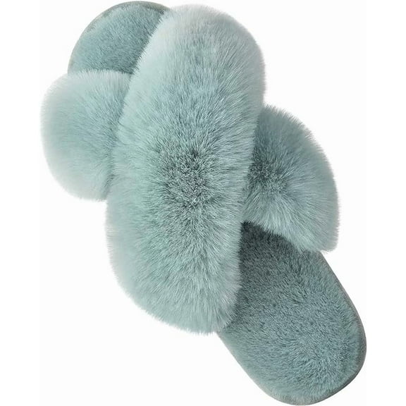 Women's Fuzzy Slippers Cross Band Open Toe Furry Spa Flat Fluffy Fuzzy Slip on House Shoes Green 7-8