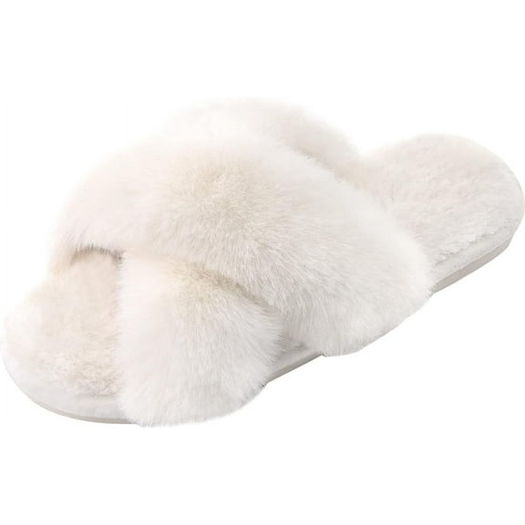 Women's Fuzzy Slippers Cross Band Open Toe Furry Spa Flat Fluffy Fuzzy Slip on House Shoes White 5-6