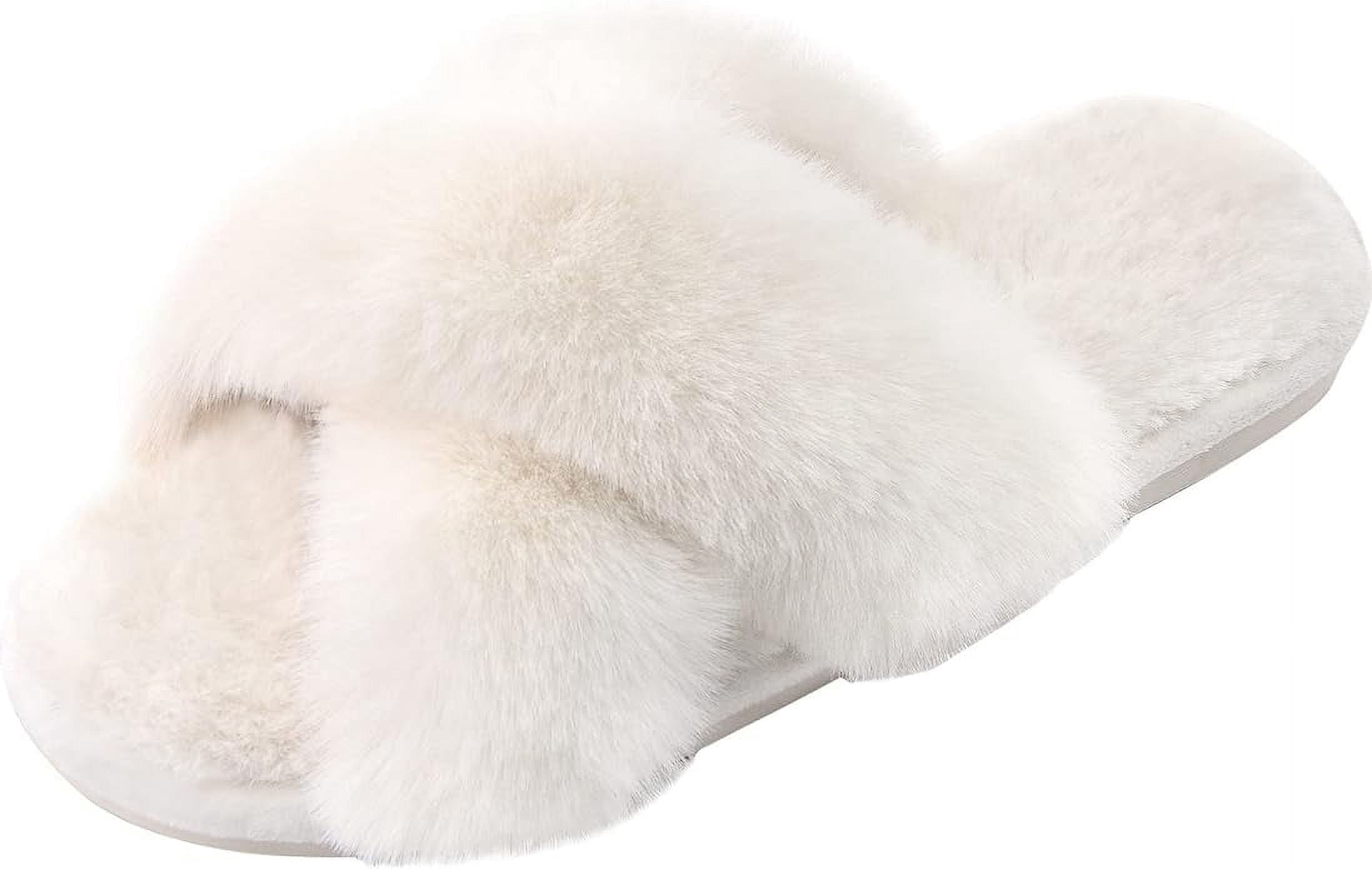 Fuzzless Slippers Women's Fuzzy Slippers Cross Band Open Toe Furry Spa Flat Fluffy Fuzzy ...